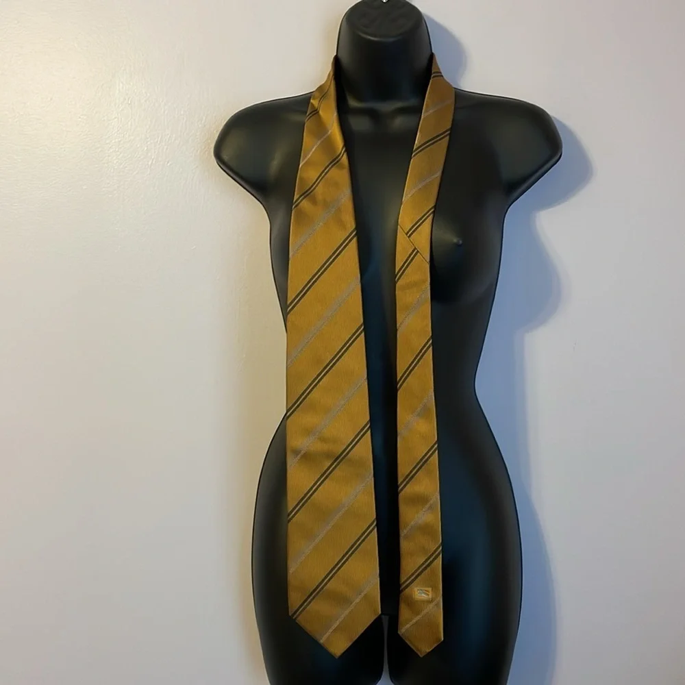 Burberry London Gold Yellow Striped and Logo Silk Necktie Tie